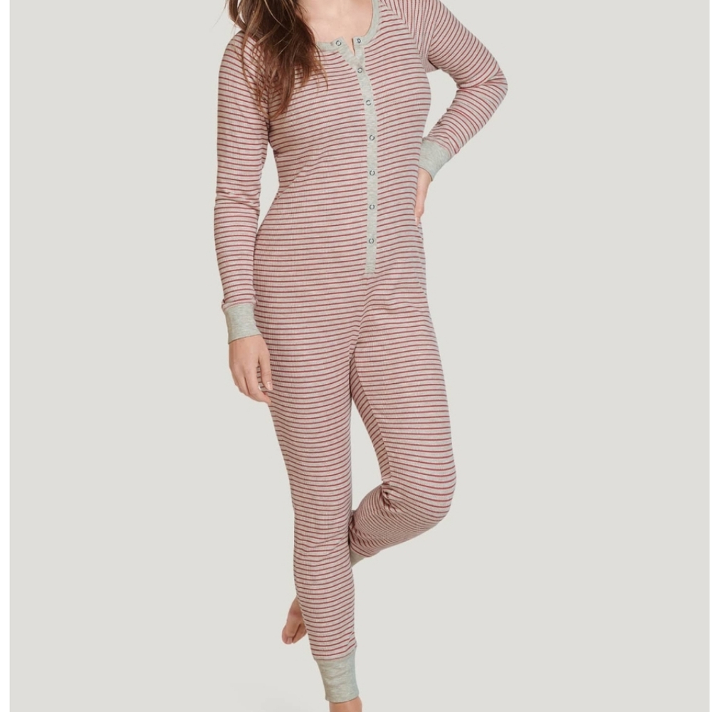 NWT Women's Jockey Waffle Union Suit,  Oatmeal Rose Clay Stripe